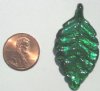 1 45x23mm Emerald with Silver Foil Lampwork Leaf Pendant